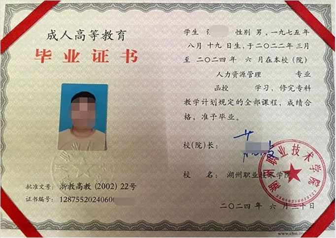 湖州职业技术学院2024年函授专科毕业证书样本图片（人力资源管理）